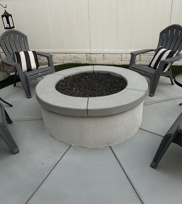 Backyard OakHills Turf, concret eand Fire pit Installation, Fontana CA, Kimberly R Orange County Pavers, Artificial Grass & Concrete Landscaping Servies